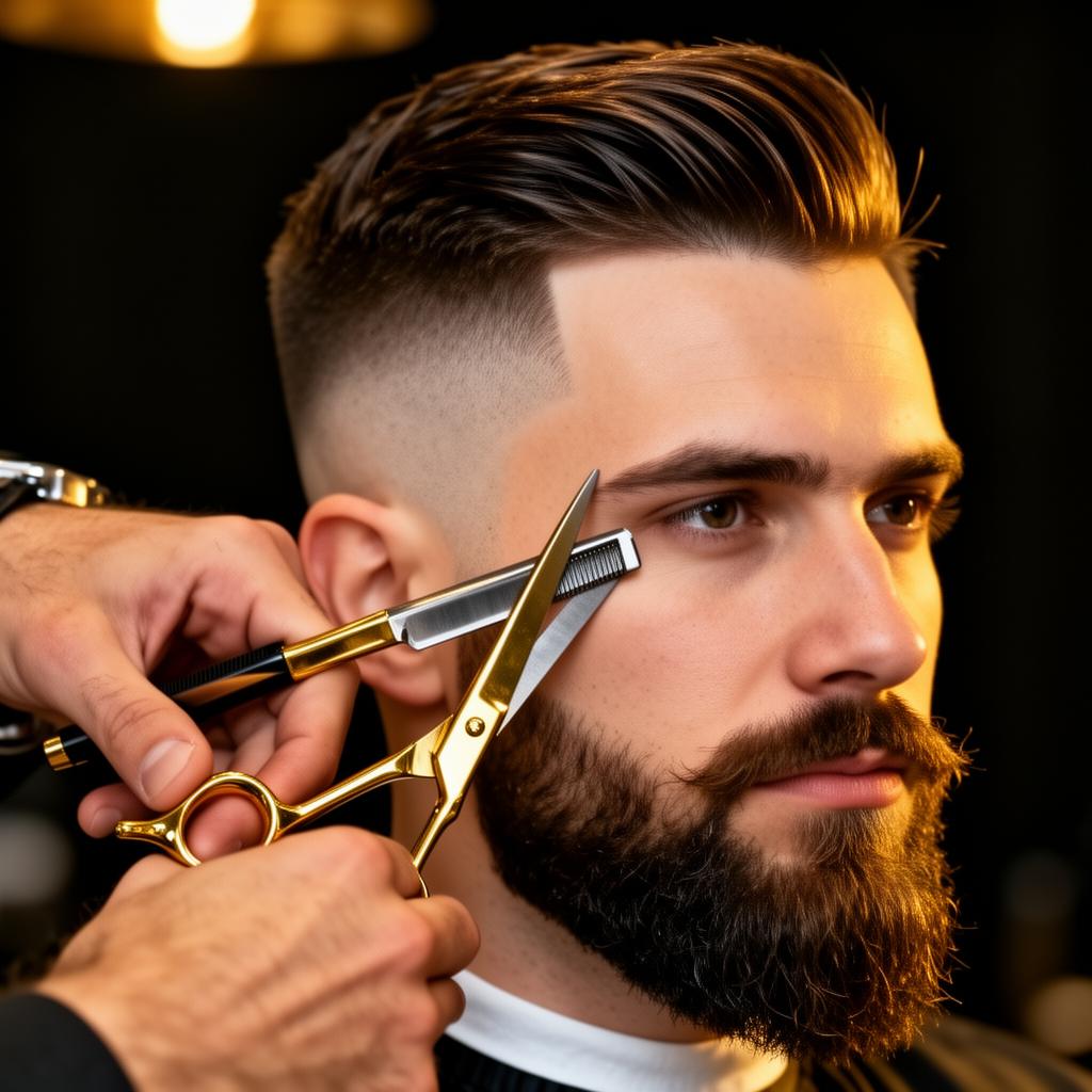 Detalle de corte masculino premium con tijeras doradas