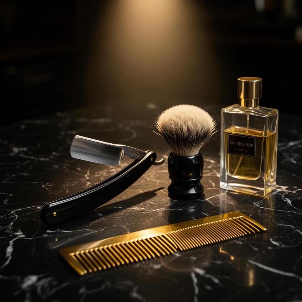 Herramientas premium de barbería sobre mármol negro